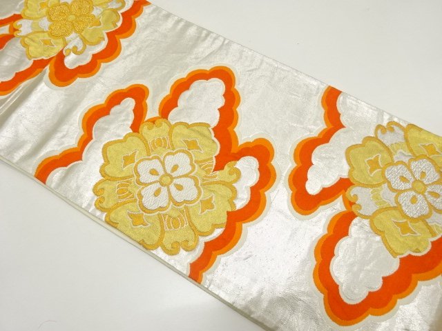 JAPANESE KIMONO / ANTIQUE FUKURO OBI / SILK / WOVEN CLOUD & FLORAL CREST